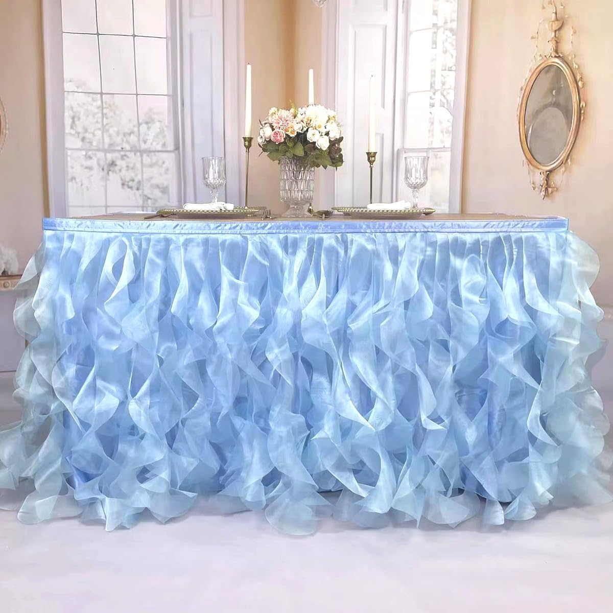 Luxury Organza Mesh Table Skirt Draping Floating Romance - Perfect for Bridal Showers, Birthday Weddings - Clear Flowing Decoration for a Wonderful Main Cake Table (Sky Blue-6ft, 72" L×30" H)