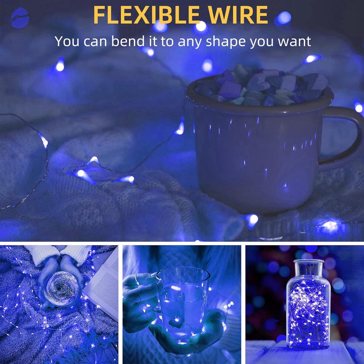 LAMPHOME 20 Pack Fairy Lights Battery Operated - 7ft 20 LED Lights Copper Wire Mini String Light Firefly Light for Mason Jars DIY Crafts Christmas Wedding Party Centerpiece Table Decor,Blue