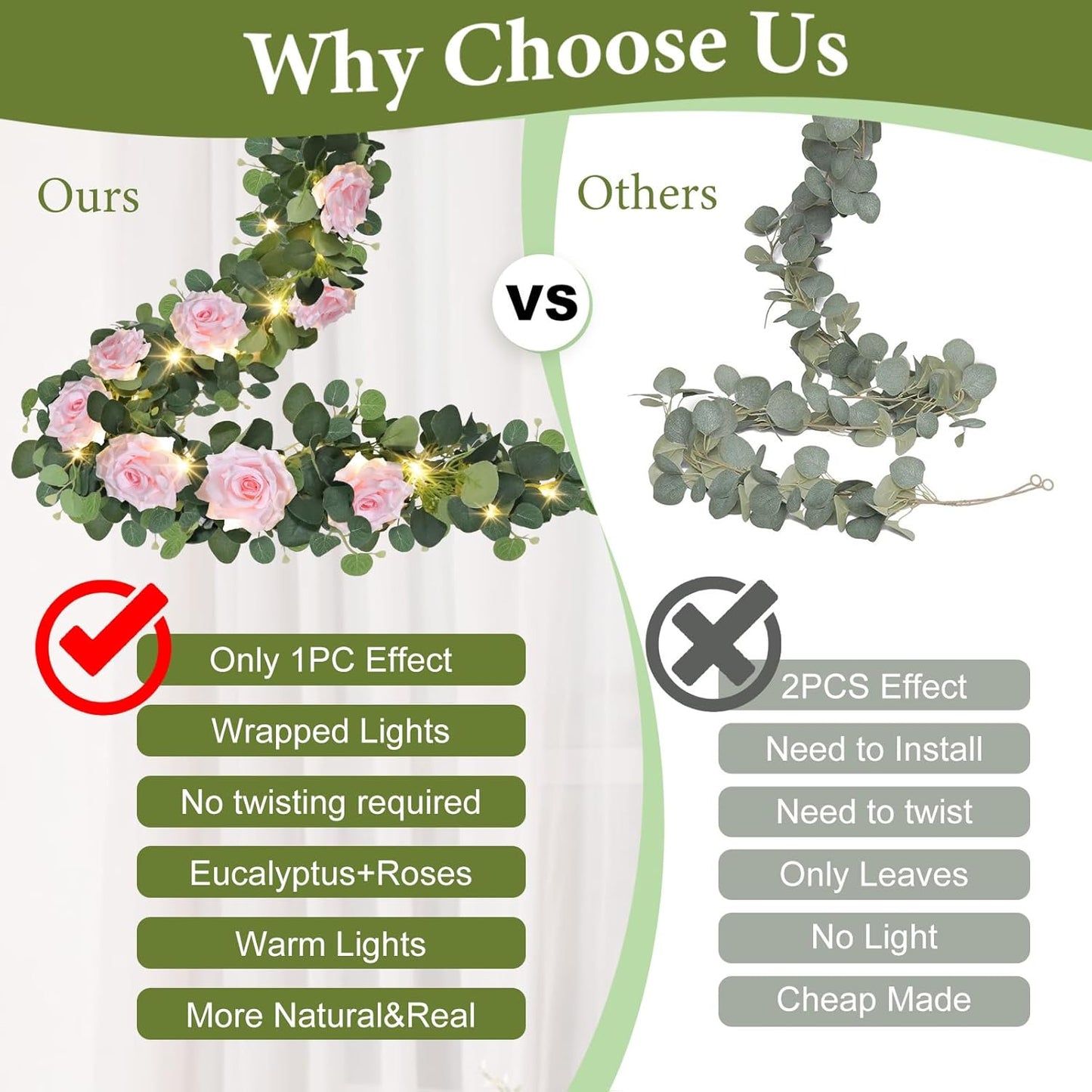 MACTING 2 Pack 13.2FT Eucalyptus Garland with Lights - Spring Gypsophila Flower Garlands with 24 Pink Roses Artificial Floral Greenery Vines for Arch Table Centerpieces Backdrop Party Wedding Decor