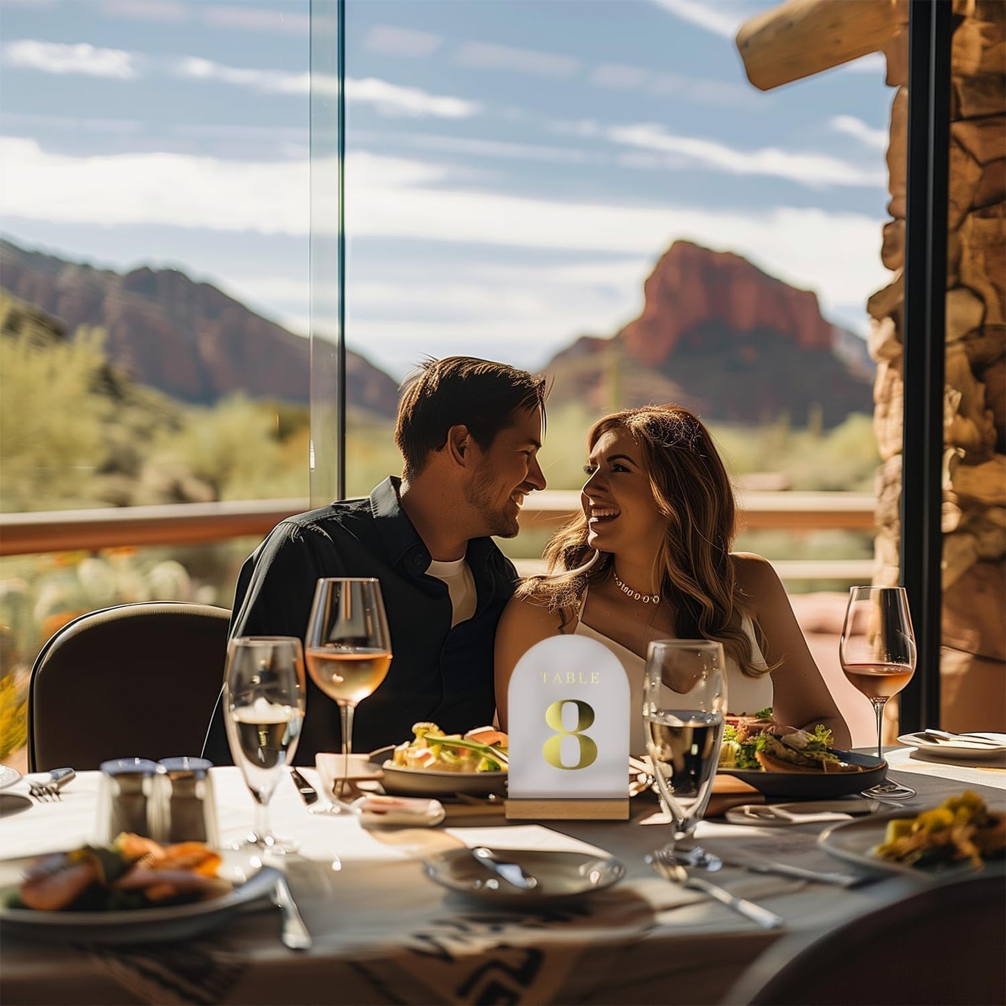 Wedding Table Numbers 1-20, Acrylic Arch Signs with Natural Wood Stands Holders, Rustic Table Decor for Reception & Parties (Frosted Gold)