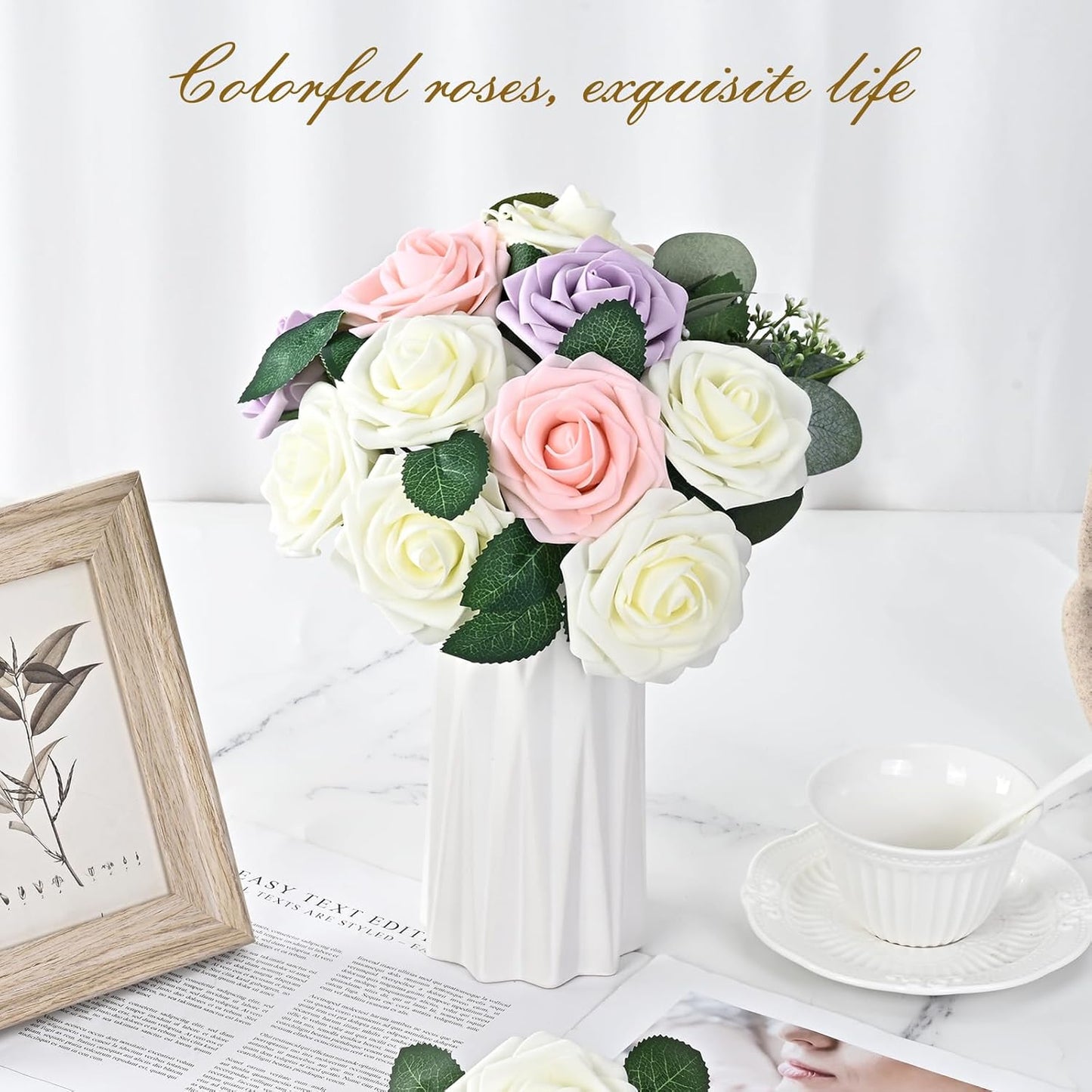 BLEUM CADE 36Pcs Artificial Flowers Fake Roses with Stems, Ivory White Boxed Foam Roses for DIY Bouquets Centerpieces Wedding Party Arrangement Bridal Shower Decor