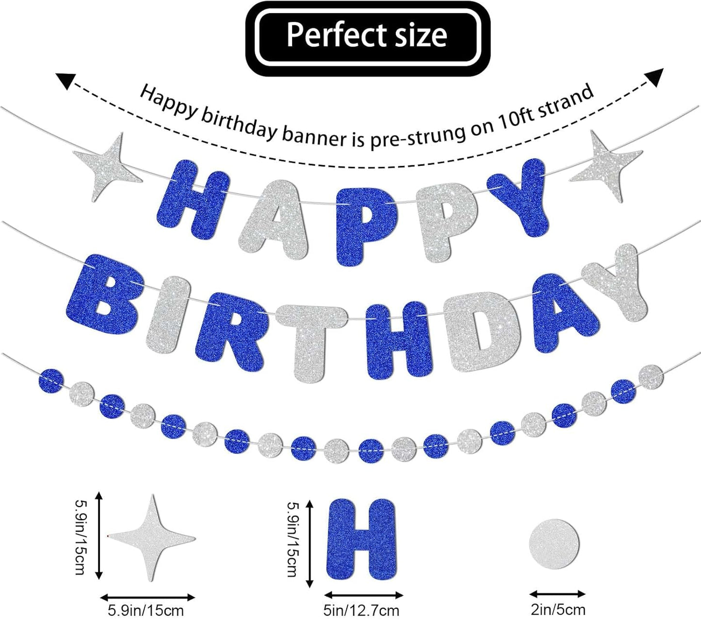 Royal Blue and Silver Happy Birthday Banner-Happy Birthday Decorations for Boys Men,Glitter Garland Sign for 6st 10st 13st 17st Blue Party Decor,Bday Backdrop Supplies