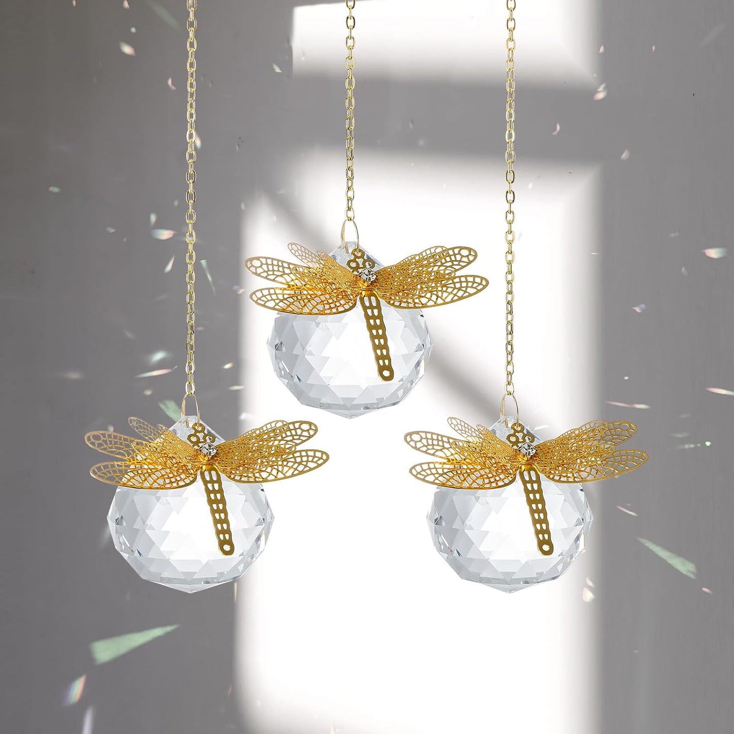 Crystal Suncatchers Gold Dragonfly 40mm Crystal Prisms Ball Rainbow Maker with Chain for Window Hanging Decoratioin 3 Pack