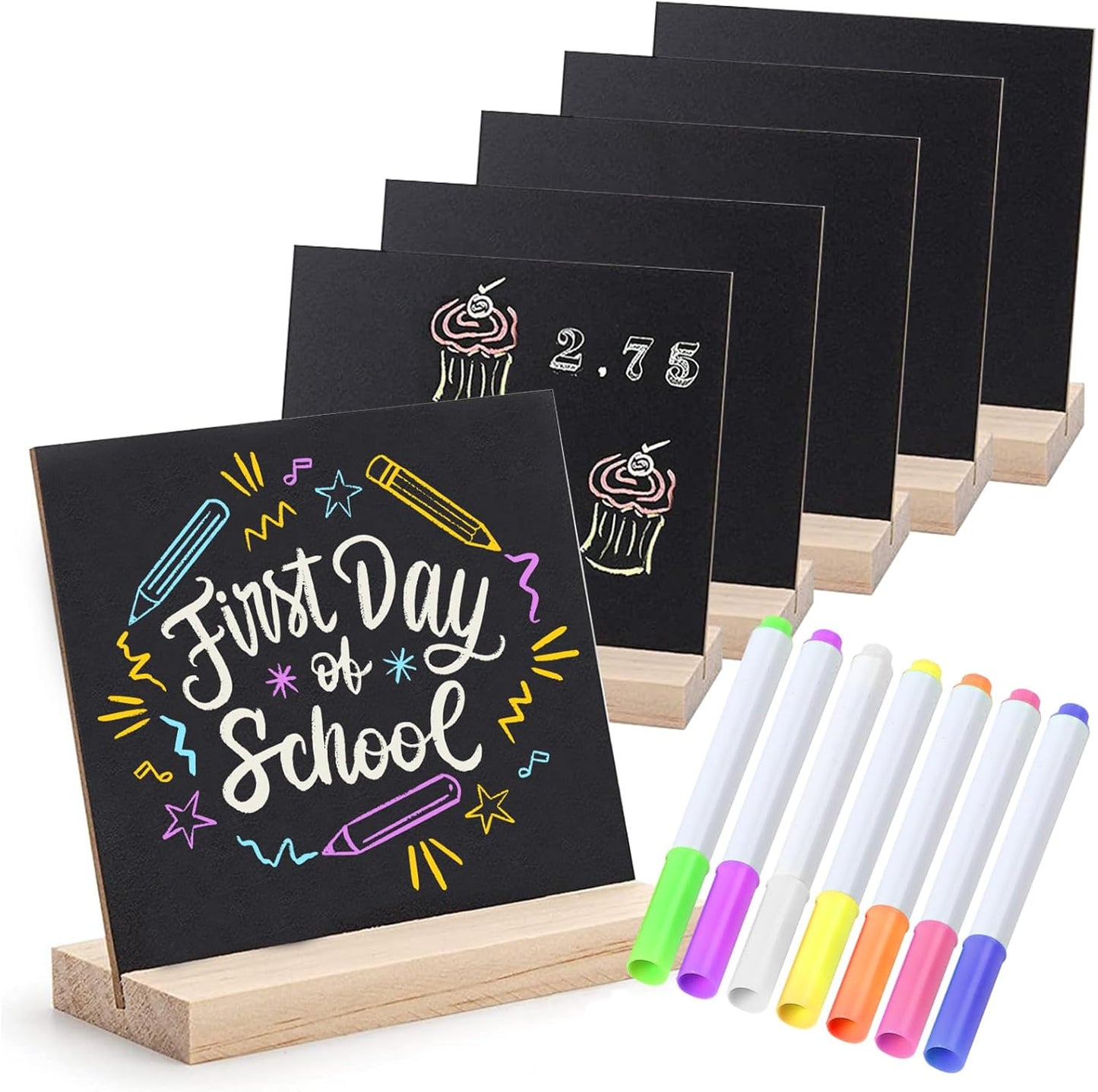 Double-Sided Small Chalkboard Signs (6 x 5 Inch) - Set of 6 with Stand & 7 Liquid Chalk Markers | Vintage Decorative Mini Tabletop Message Boards for Home & Events