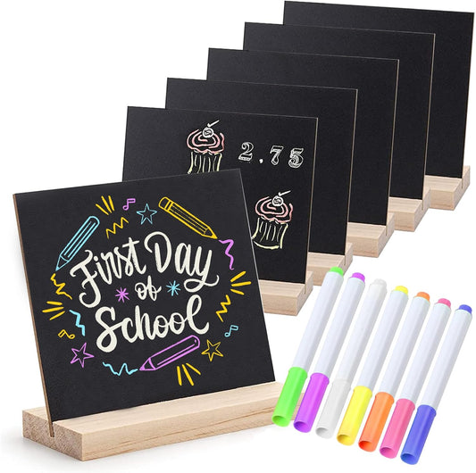 Double-Sided Small Chalkboard Signs (6 x 5 Inch) - Set of 6 with Stand & 7 Liquid Chalk Markers | Vintage Decorative Mini Tabletop Message Boards for Home & Events