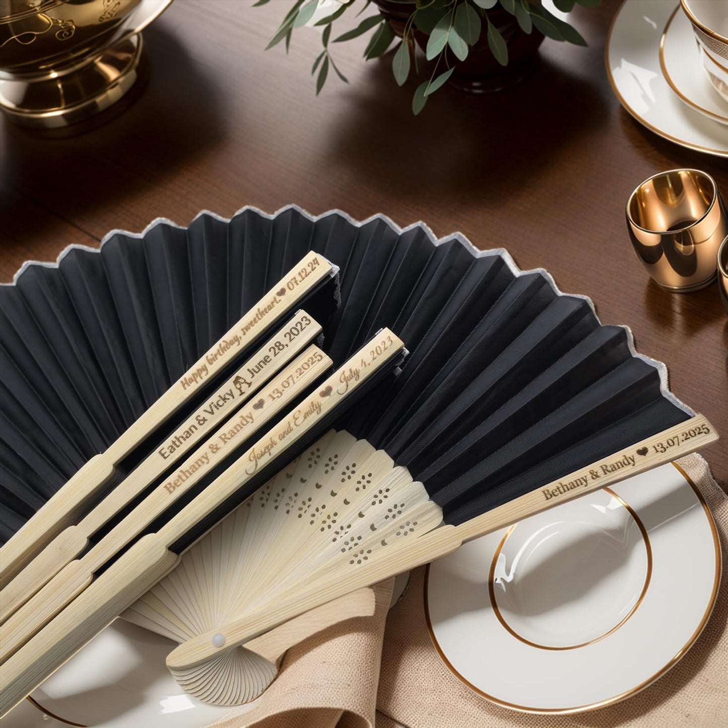 60Pcs Personalized Silk Fans Folding Hand Fan, Custom Wedding Bridal Party Favors, Summer Wedding Bride, Wedding Gift, Thank You Gift (Black)