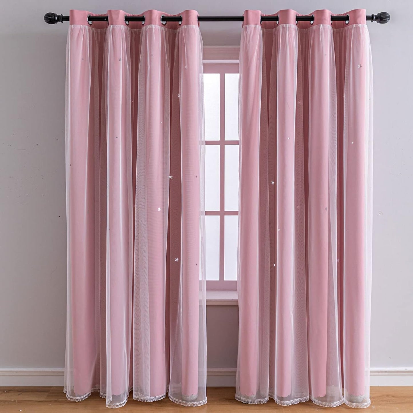 FANLI 2 Panels Star Blackout Curtains for Kid Girls Bedroom Living Room Darking Stripe Double Layer Star Cut Out Wall Home Decor Gradient Grommet Window Curtains (Pink 72L)
