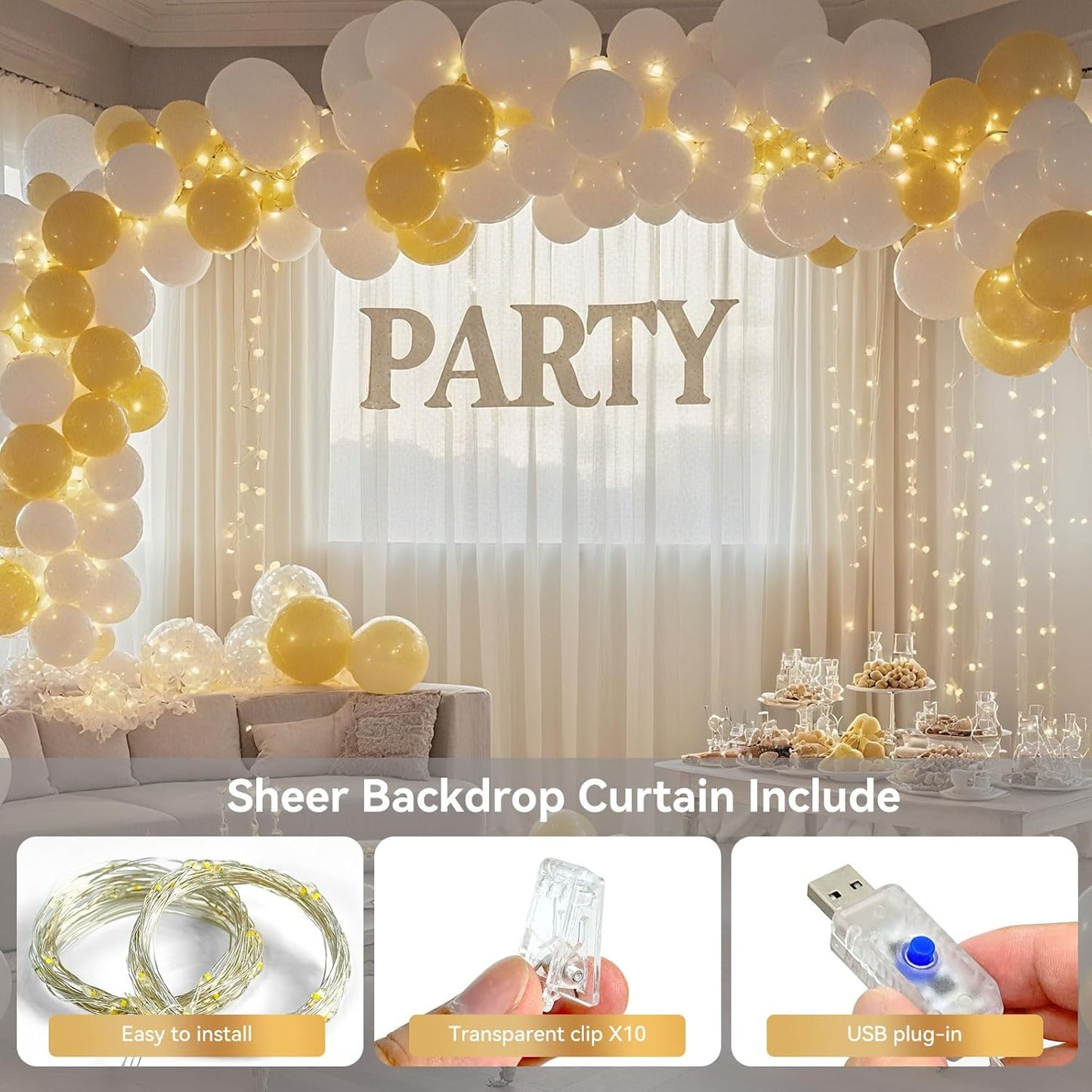 10×8ft Tulle Backdrop Curtains with Lights String - 300LED Fairy Lights Sheer Curtain Backdrop for Weddings Baby Shower and Birthday Party Decorations(2 Panels 5×8ft)