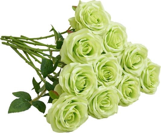 Artificial Rose 10pcs Open Flower Bouquet Faux Rose Stems for Wedding Arrangement, Bridal Bouquet, Centerpiece, Fake Faux Silk Flowers (Green)