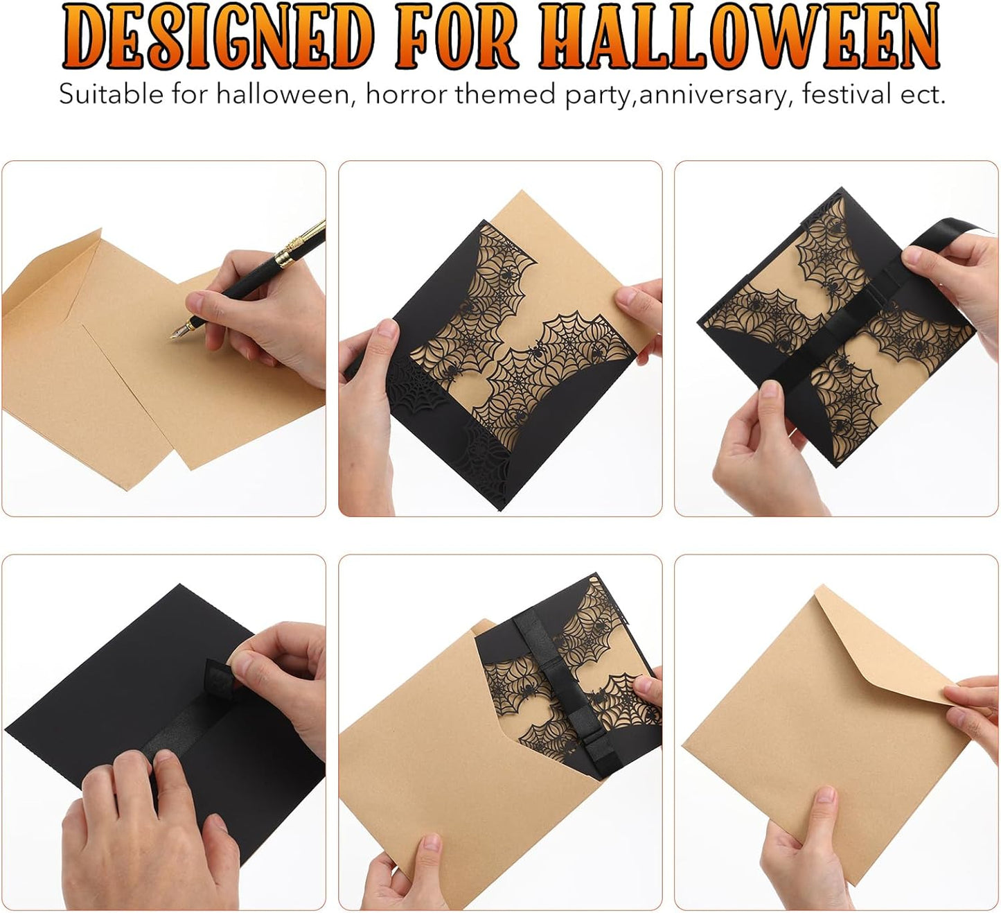Halloween Party Invitations Cards, 10 Pcs Laser Cut Spider Web Design with Bowknots and Envelopes, Black and White