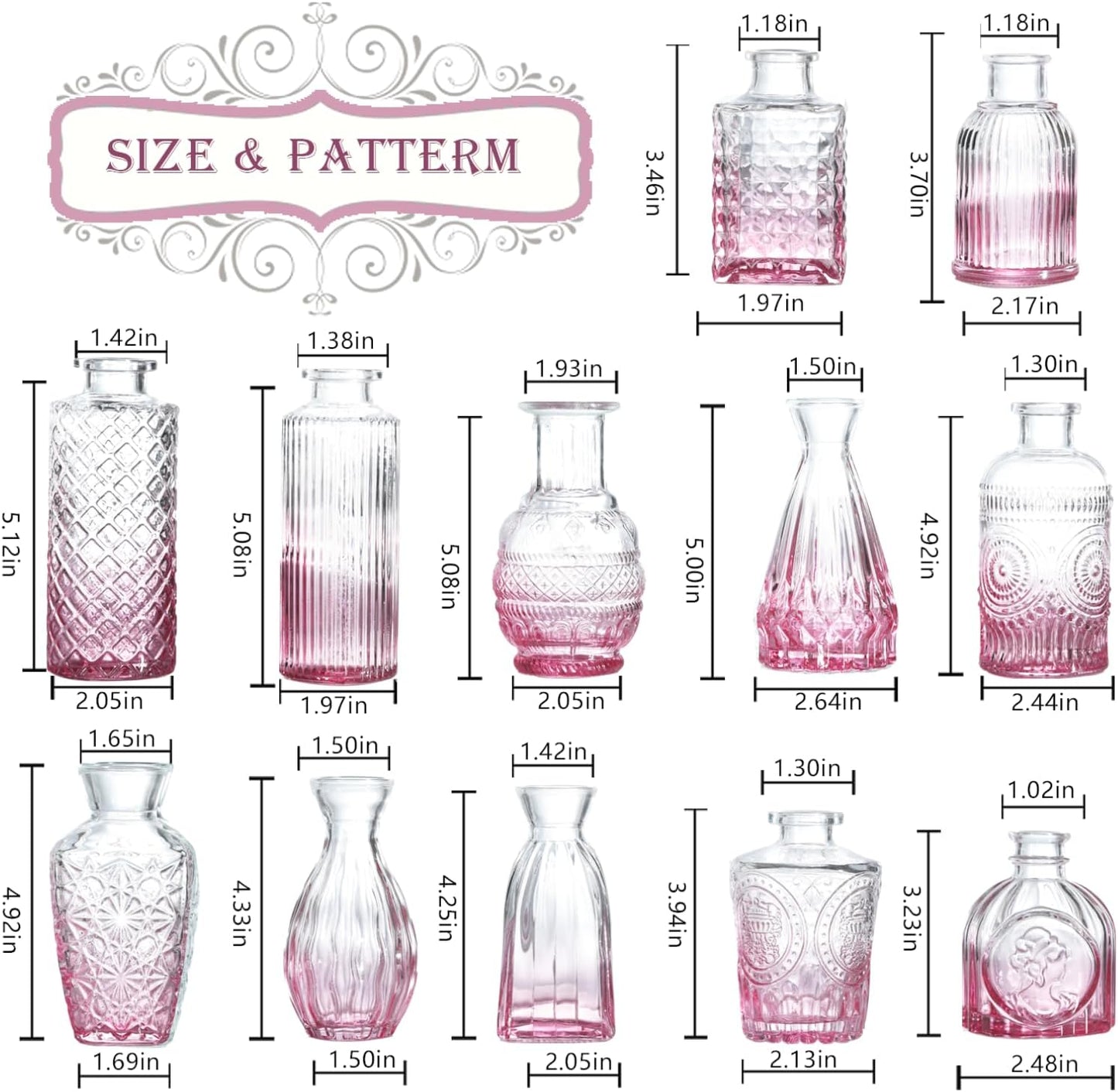 Bud Vases Set of 12,Glass Bud Vases in Bulk,Small Flower Vases for Centerpieces,Mini Vintage Vase for Wedding, Home Table Decor,Christmas,Party Decoration,Pink