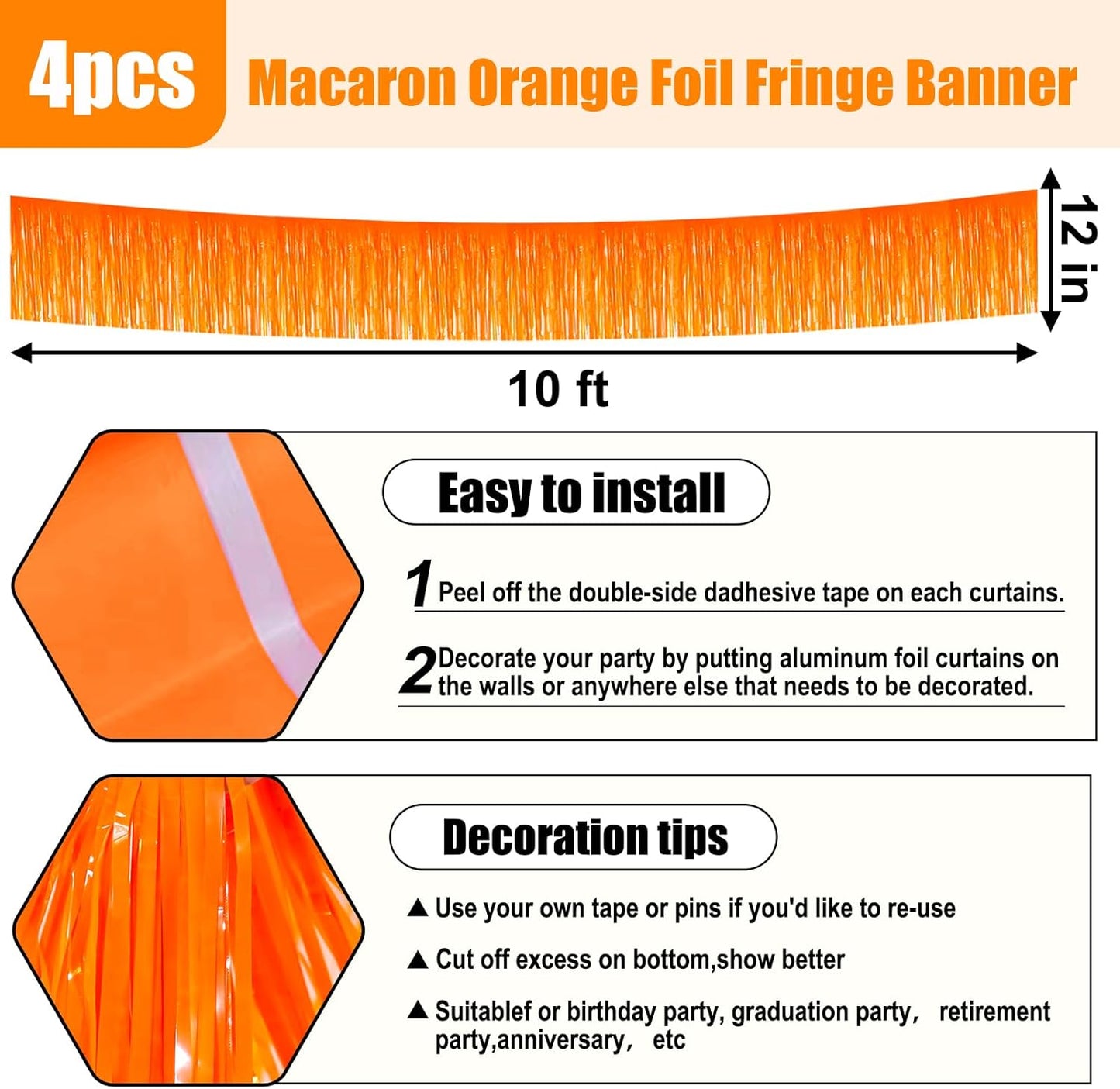 4 Pack 10 Feet Macaron Orange Foil Fringe Garland Metallic Tinsel Streamers Banner Wall Hanging Curtain Backdrop for Parade Floats, Wedding, Graduate, Mother's Day, Birthday Party Decoration