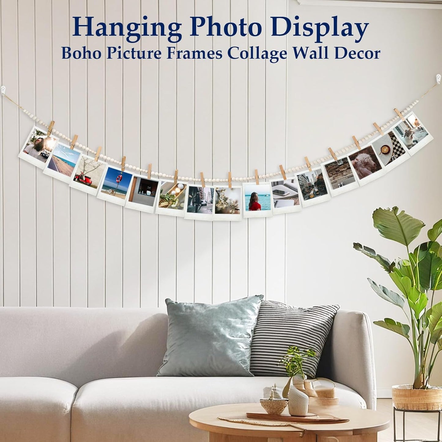 Hanging Photo Display Wall Decor with 30 Wood Clips, 67 Inches Boho Wooden Bead Garland Collage Picture Frame Photos String DIY, Photo Hanger for Bedroom Office Dorm Room Decor Gifts(2PCS)