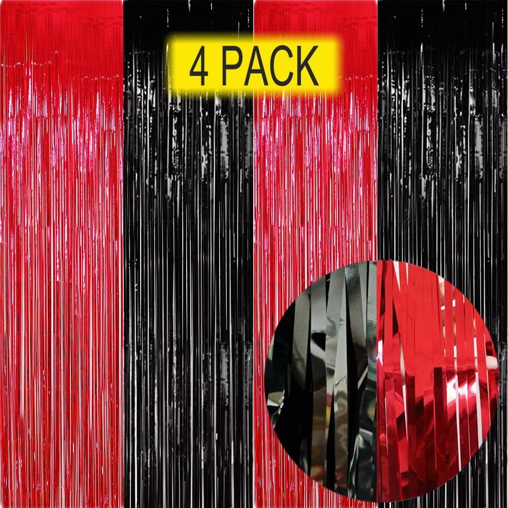 Red and Black Party Decorations- 4 Pack of 3.2x8.2ft Foil Fringe Curtains for 2025 Graduation Party Decorations Birthday Backdrop Decorations