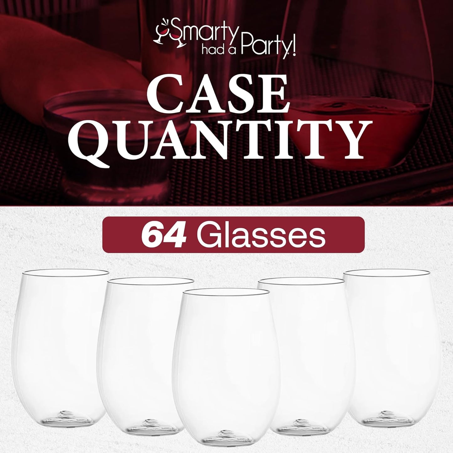 Smarty Had A Party 16 oz Clear Stemless Plastic Wine Glasses, Unbreakable Disposable Drinkware for Weddings, Parties, and Events, Bulk Set (64 Count)