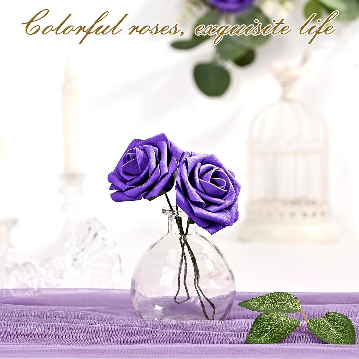 BLEUM CADE 16Pcs Artificial Flowers Fake Roses with Stems, Deep Purple Boxed Foam Roses for DIY Bouquets Centerpieces Wedding Party Arrangement Bridal Shower Decor