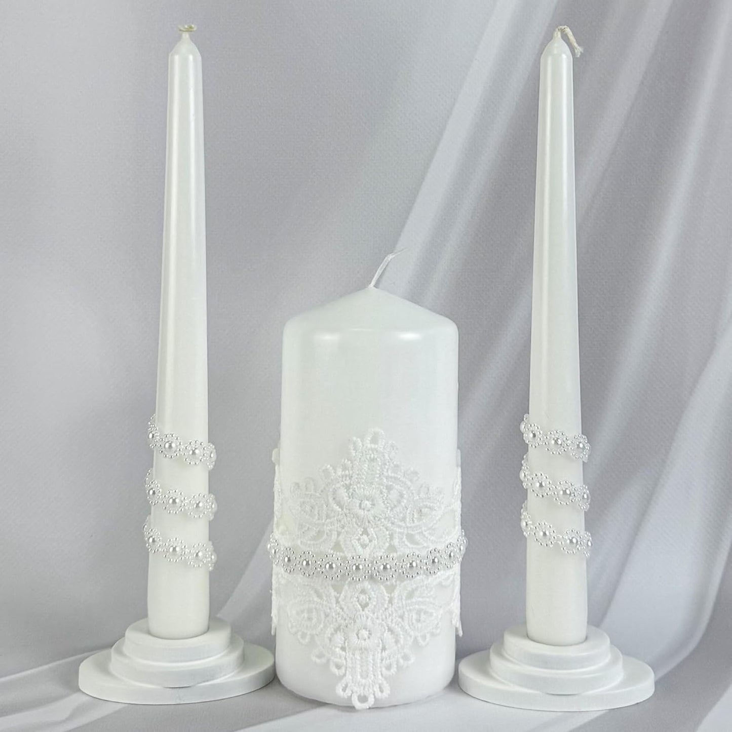 Unity Candle Set - Wedding Ceremony & Reception – 6” Pillar & Two 10” Taper Candles – Long Burning Unity Candles for Marriage Ritual – Handmade in USA – White | Lace