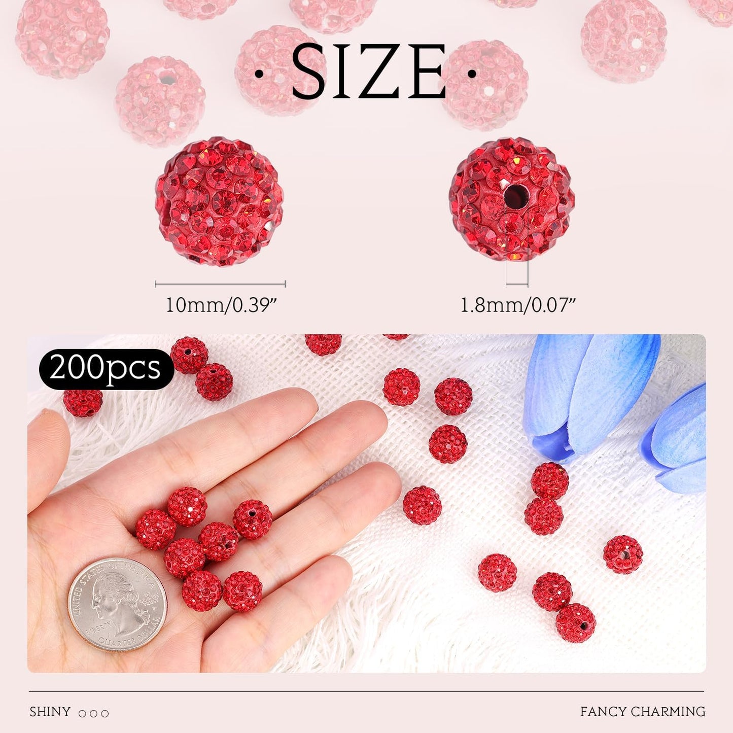 200pcs 10mm Red Rhinestone Beads for Jewelry Making, Shiny Round Shamballa Disco Ball Beads Bulk, Sparkle Crystal Clay Christmas for Bracelet Baseball Necklace Earring Crafting and DIY