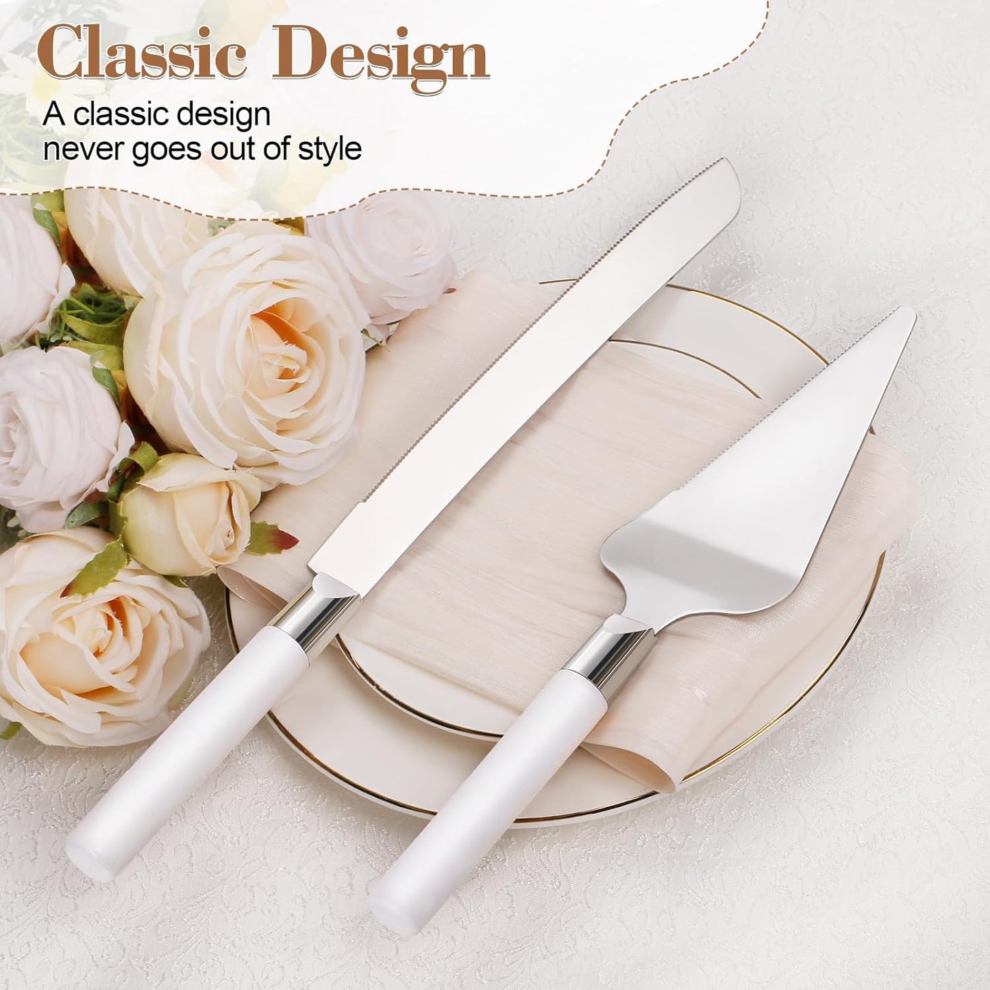 Cake Cutting Set for Wedding, Wood Cake Knife and Server Set, Vintage 2-Piece Pie Cake Cutter, White Pizza Dessert Utensils Bridal Anniversary Birthday Quinceañera Gift (White)