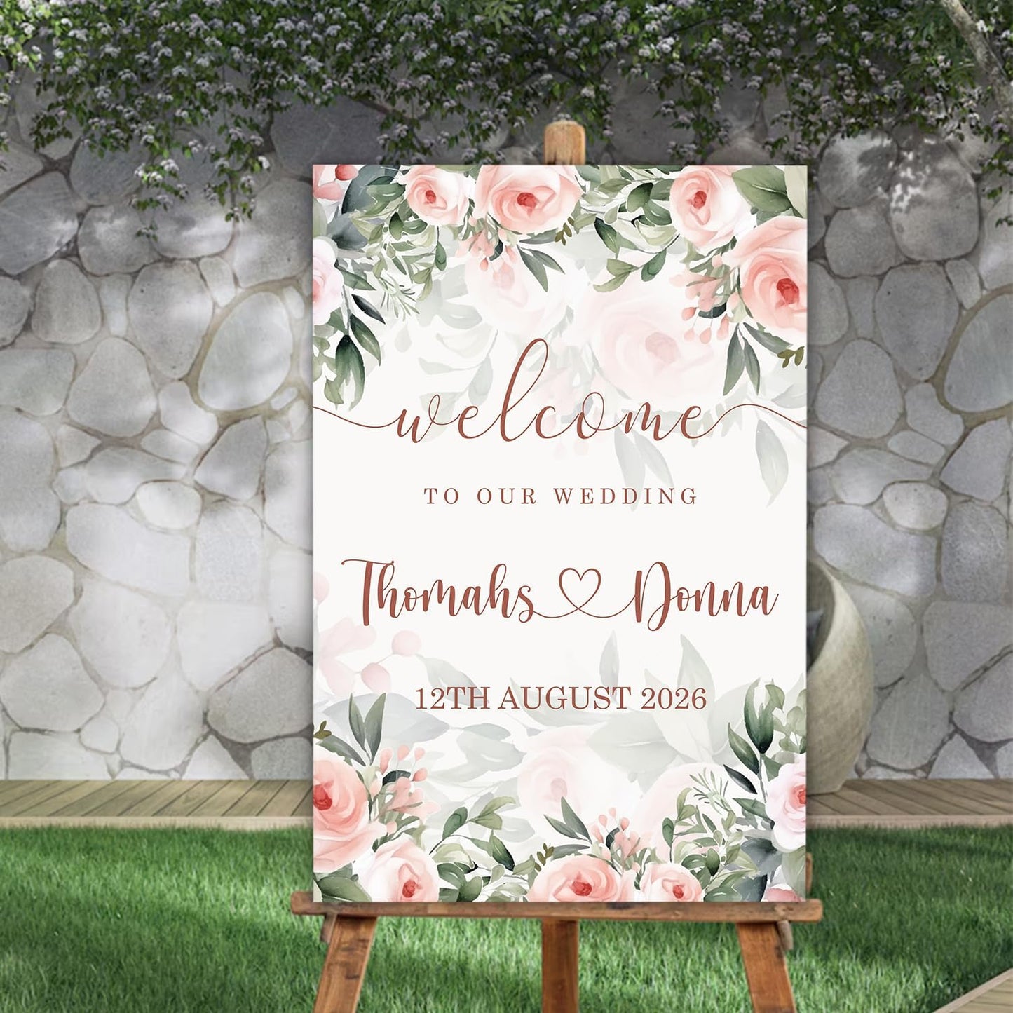 Blush Pink Rose Wedding Welcome Sign, Editable Floral Template, Gentle Modern Printable Sign for Ceremony or Reception