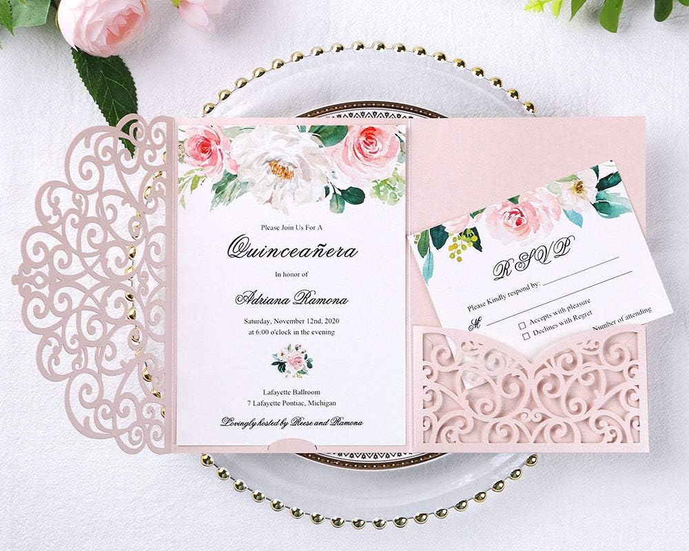 PONATIA 5.12 x 7.2 Inches 20PCS Tri-Fold Laser Cut Wedding Invitation Pocket with Envelopes for Wedding Bridal Shower Engagement Birthday Invite (Blush Pink, 20pcs No Inner Sheet)
