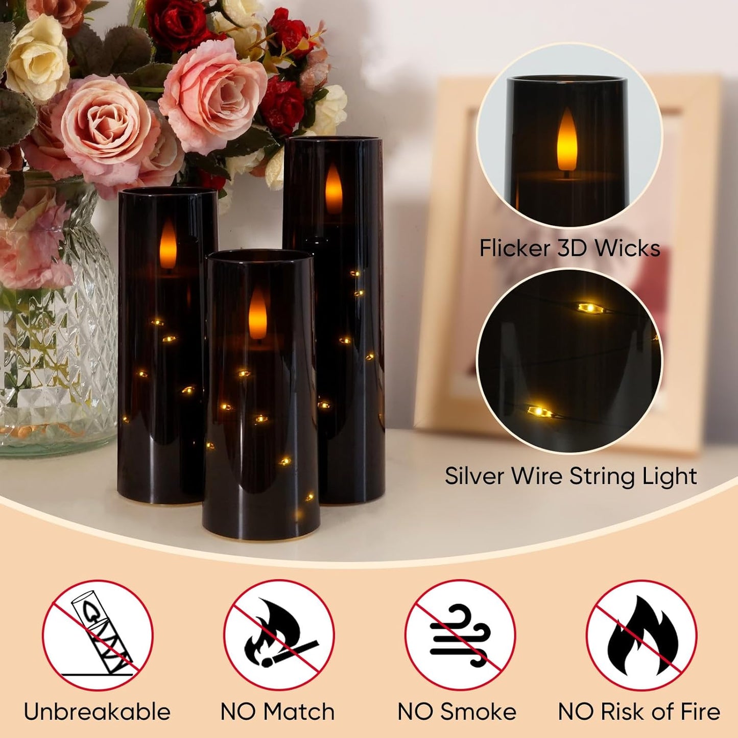 Raycare Flameless Candle with Remote Timer – 5 Flickering Acrylic Battery Operated LED Pillar Candles with Embedded Star String for Halloween, Home Decor, and as a Gift(Black)