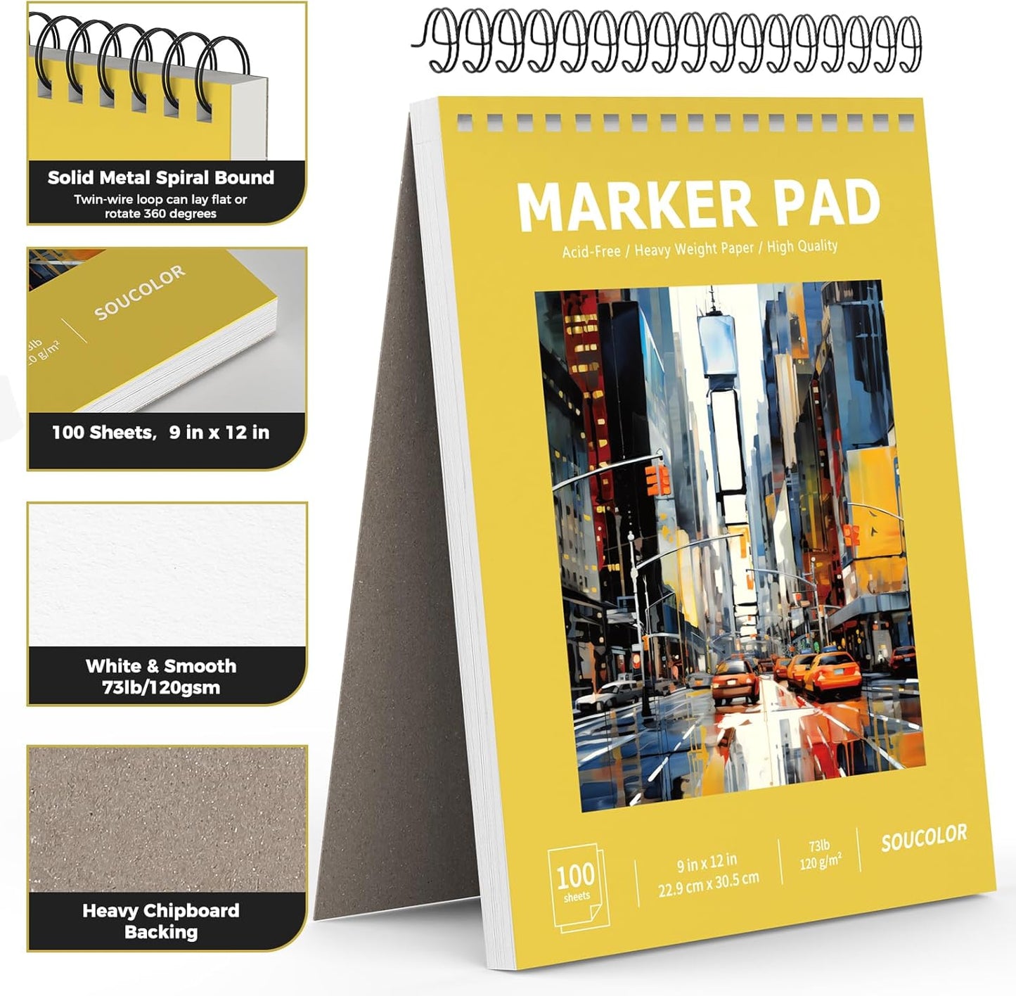 Soucolor 100 Sheets Marker Paper Pad, 9"x12" Bleedproof Art Sketch Pad, 73lb/120gsm Drawing Paper Spiral Sketch Book, Alcohol Marker Paper Painting Coloring Paper for Beginners, Artists, Kids