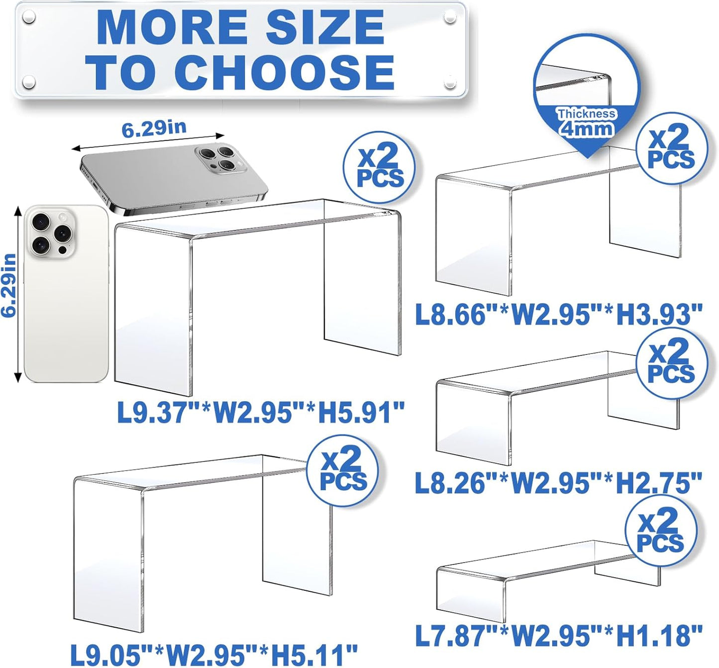 Aheroi Large Acrylic Risers, 10 Pcs 2 Set(7”L~8”L~9”L) Riser Display Shelf, Clear Rectangular Display Stands Set, Transparent Shelves for Decor, Showcase Holder for Cupcake