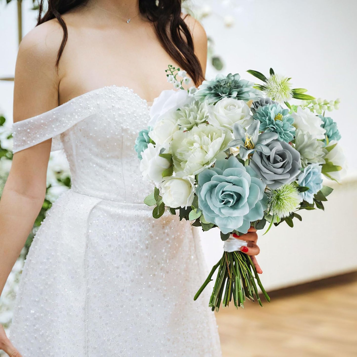 AmyHomie Teal Blue Artificial Flowers Combo Silk Mix Peony Rose Fake Flowers w/Stem for DIY Wedding Bouquets Centerpieces Arrangements Table Fall Decor Party Bridal Baby Shower Home Decorations