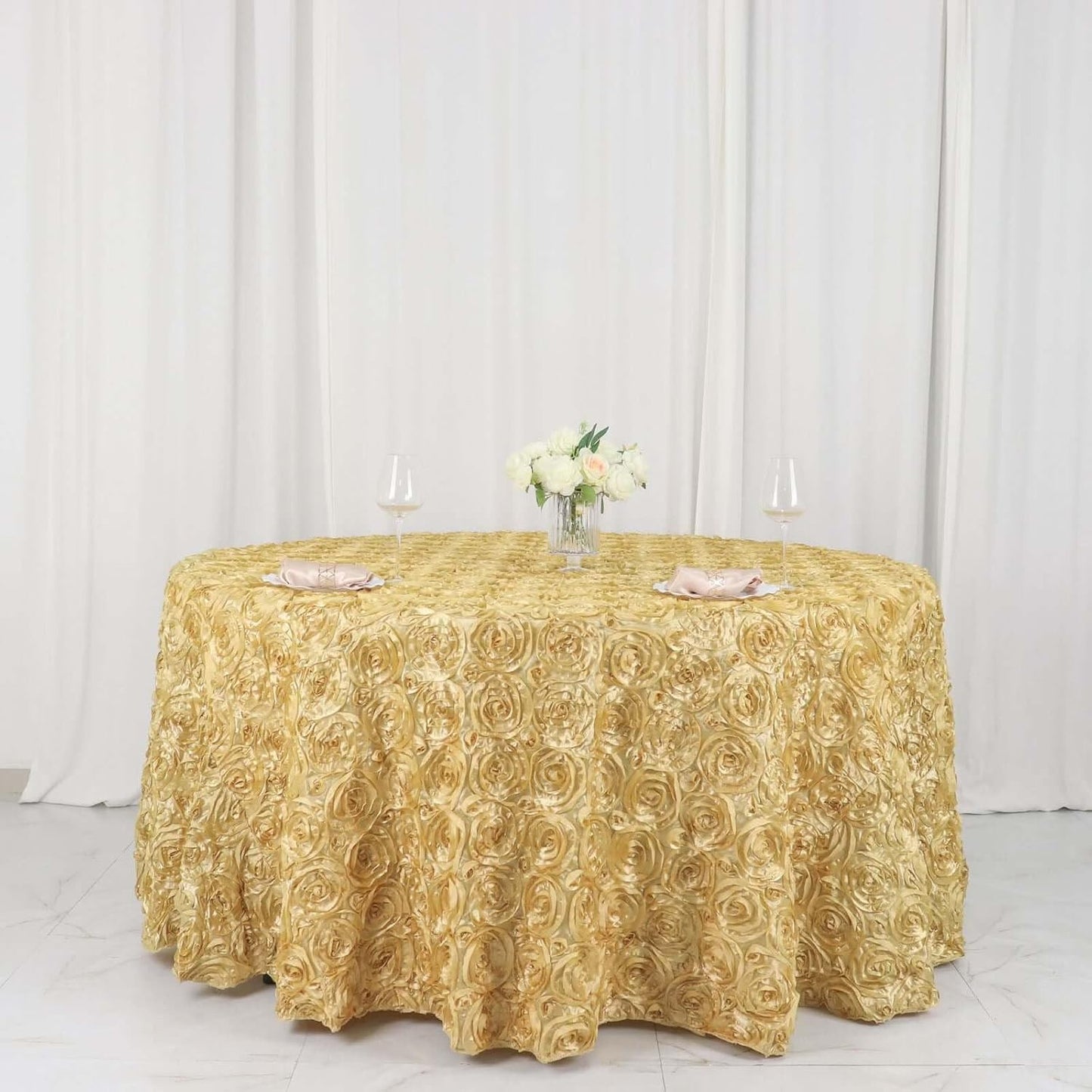 Efavormart 120" Wholesale Round Table Cover Champagne Grandiose Rosette 3D Satin Tablecloth for Wedding Party Event Decoration