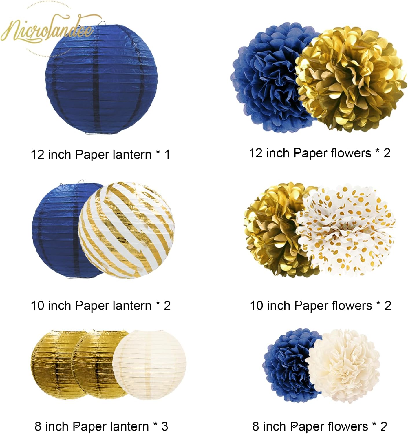 NICROLANDEE Navy Blue and Gold Decorations, 12PCS Hanging Paper Lanterns Tissue Pom Poms Decor for Graduation Party, Winter Wedding, Mens Birthday, Memorial Day Decorations, New Years Party Supplies
