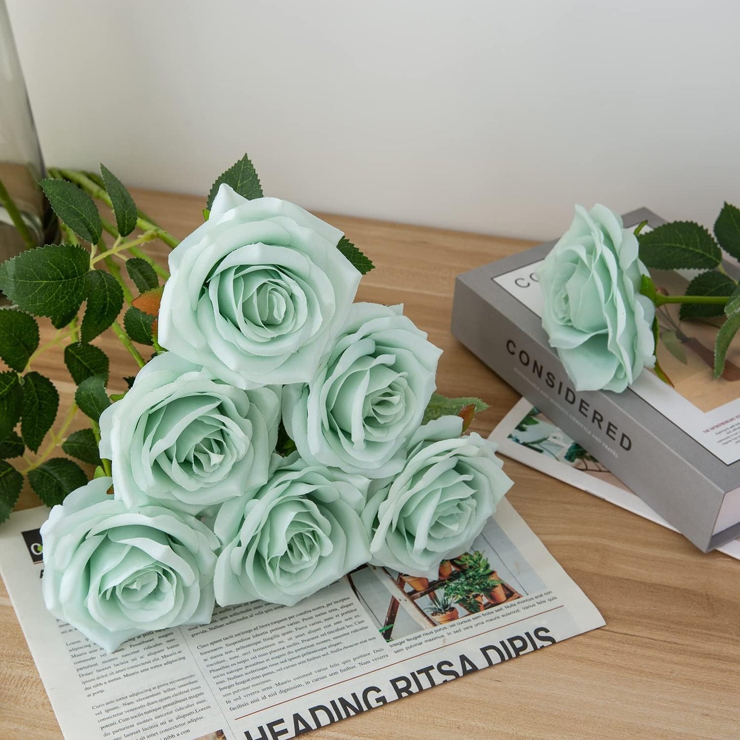 Artificial Rose 10pcs Open Flower Bouquet Sage Green Faux Rose Stems for Wedding Arrangement, Bridal Bouquet, Centerpiece, Fake Faux Silk Flowers