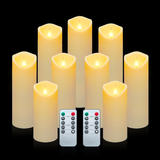 Aignis 9pcs Flameless LED Candles Battery Operated with 10-Key Remote & Timer, Indoor Heat Resistant, 3D Wick with Warm Flickering Glow for Cozy Home/Wedding/Holiday Décor (D 2.2" x H 5"/6"/7")