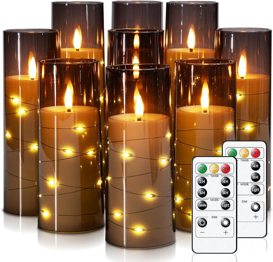Raycare Flameless Candle with Remote Timer – 9 Flickering Acrylic Battery Operated LED Pillar Candles with Embedded Star String for Halloween, Fall Decor, Harvest Festival Gifts(Grey)