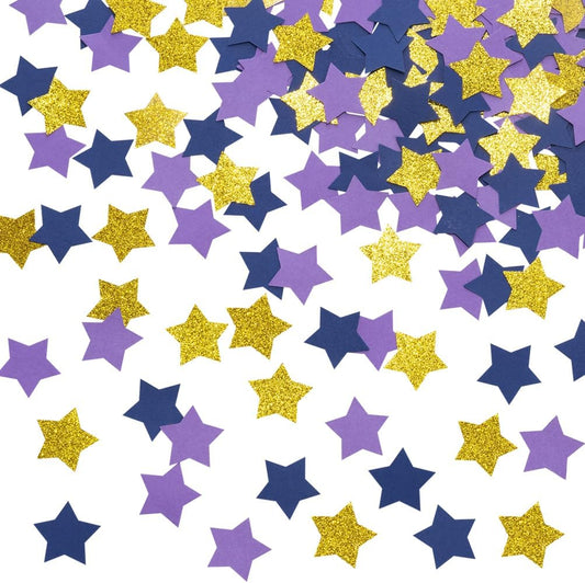 Purple Blue and Gold Star Confetti Table Decoration for Graduation Eid Ramadan Birthday Retirement Party,1.2 inch in Diameter,200 Counts