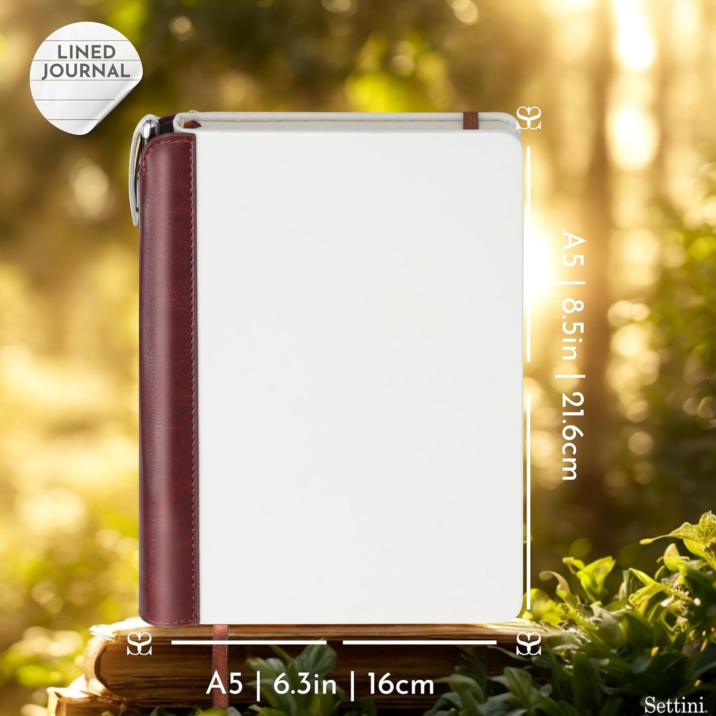 SETTINI® Lined Journal - Modern White Journal for Writing Gift Set - Hardcover Vegan Leather, Includes Luxury Pen in a Unique Pen Holder, 192 Pages, 6 x 8.5 inches, Birthday Gift