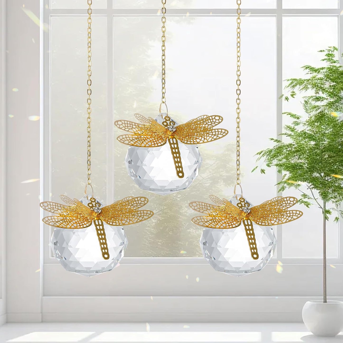 Crystal Suncatchers Gold Dragonfly 40mm Crystal Prisms Ball Rainbow Maker with Chain for Window Hanging Decoratioin 3 Pack