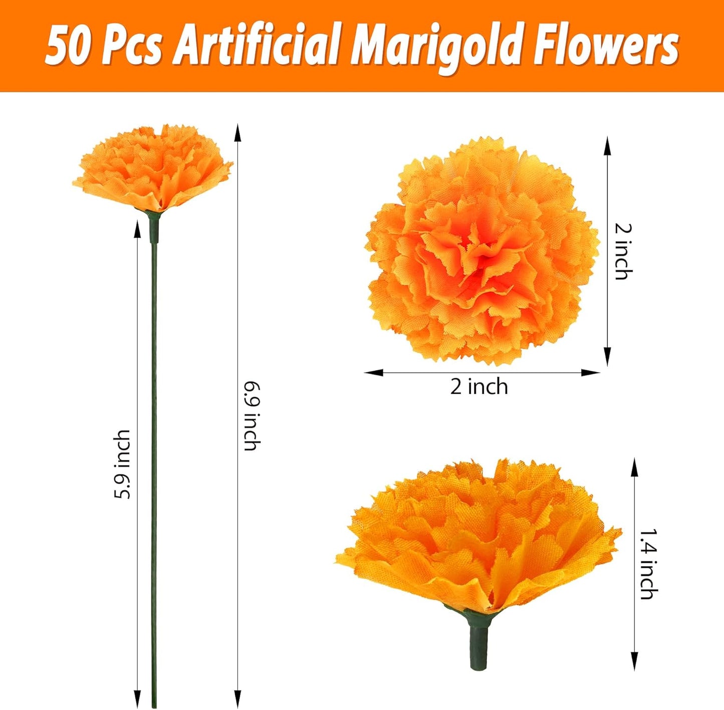 50 Pcs Artificial Marigold Flowers,2" Silk Marigold Flower Heads with Stems,Orange Flowers Artificial for Diwali Decor,Indian Wedding,Home,DIY Wreath Garland,Day of The Dead Decorations