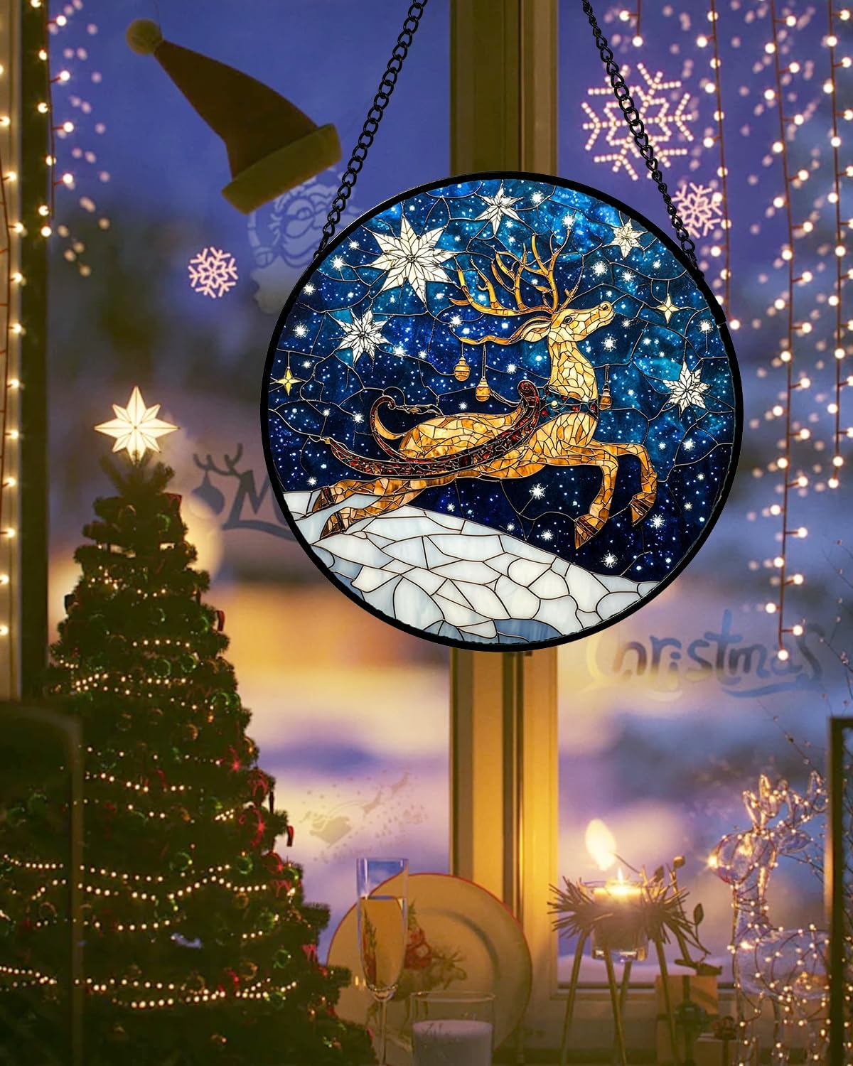 Stained Glass Window Hanging - Reindeer Blue Starry Sky Suncatcher for Doors Home Christmas Decoration Winter Sun Catcher Thanksgiving New Year Birthday Gifts for Women Men Mom Nana 15 in