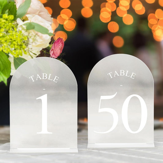 JOYIT Frosted Arch Wedding Table Numbers 1-50 with Stands – 5" X 7" Acrylic Sign Table Number Holders, Perfect for Wedding Receptions, Parties, Anniversaries, and Events