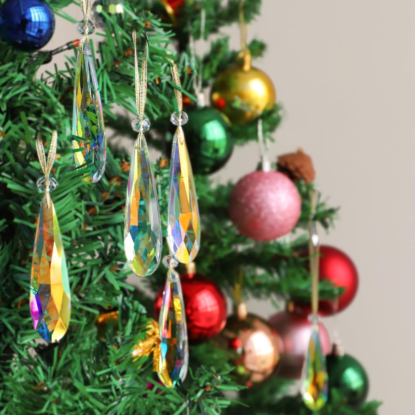 Crystal Glass Christmas Ornaments, 6Pcs Teardrop Prism Hanging Crystals for Christmas Tree,Centerpieces,Wedding,Party Decor (Crystal AB)