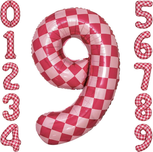 40 Inch Pink Checkered 9 Balloon Large Hot Pink Number Balloons for Girls 9th Birthday Decorations Pink Number 9 Balloon
