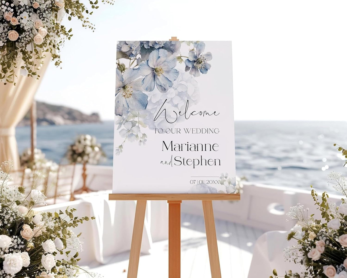 Welcome Wedding Sign Personalized, Soft Blue Flower Wedding Sign Decorations Signage 12" X 18" (Small), 27" (Medium), 36" (Large), Plastic, Modern, Pole Mount, Weather