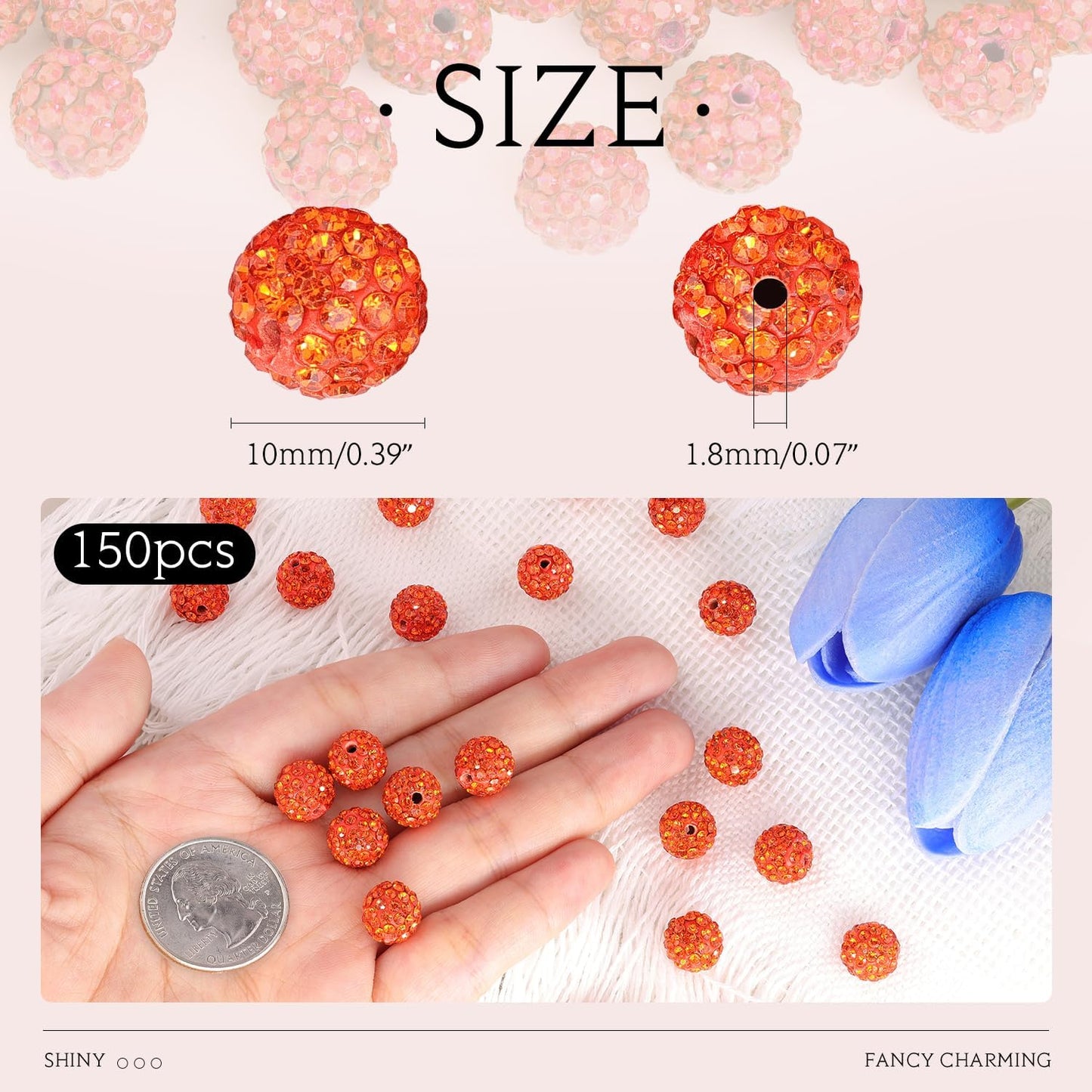 150 pcs 10mm Rhinestone Beads for Jewelry Making, Orange Shiny Round Shamballa Disco Beads Bulk, Sparkle Crystal Clay Christmas for Bracelet Baseball Necklace Earring Crafting and DIY