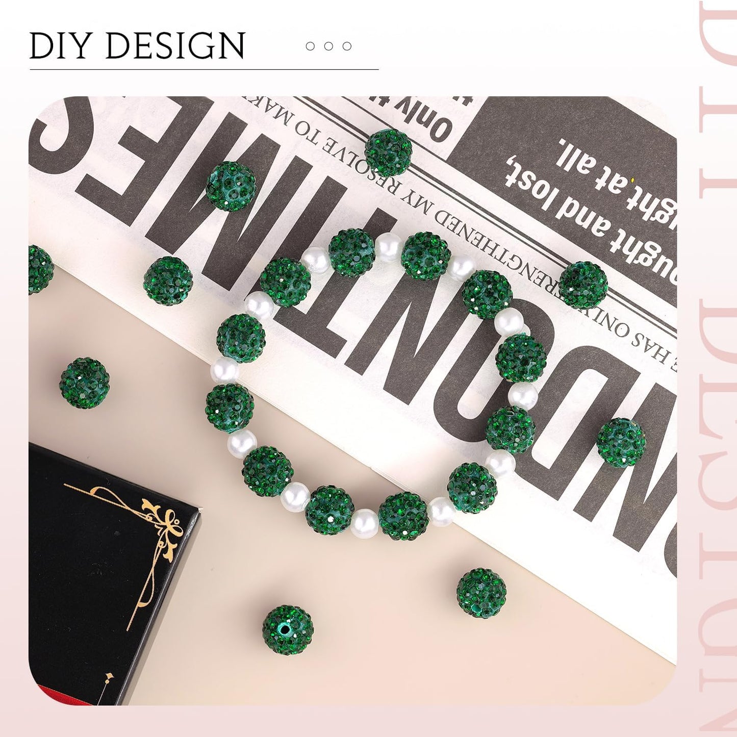 100 pcs 10mm Rhinestone Beads for Jewelry Making, Dark Green Shiny Round Shamballa Disco Beads Bulk, Sparkle Crystal Clay Christmas for Bracelet Baseball Necklace Earring Crafting and DIY