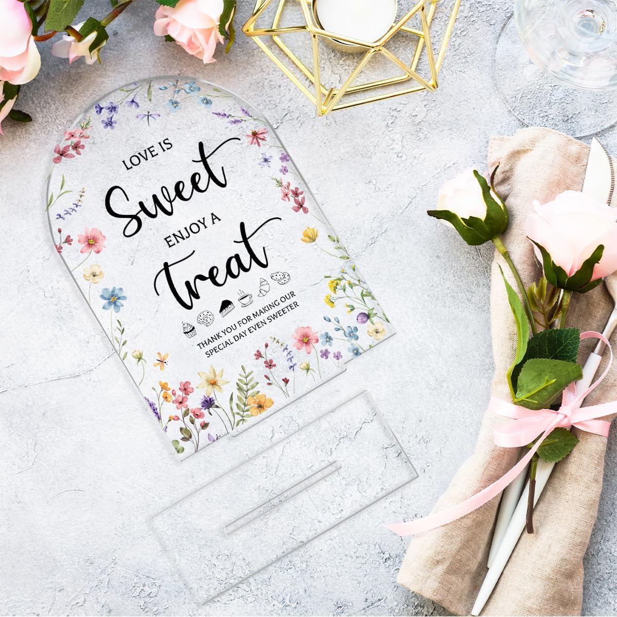 Wedding Signs Decor, Love is Sweet Sign for Dessert Table, Wedding Supplies 5x7 Inch, Wedding Signs for Ceremony And Reception, Arch Acrylic Table Sign for Anniversary, Bridal Shower Decor (Flower)