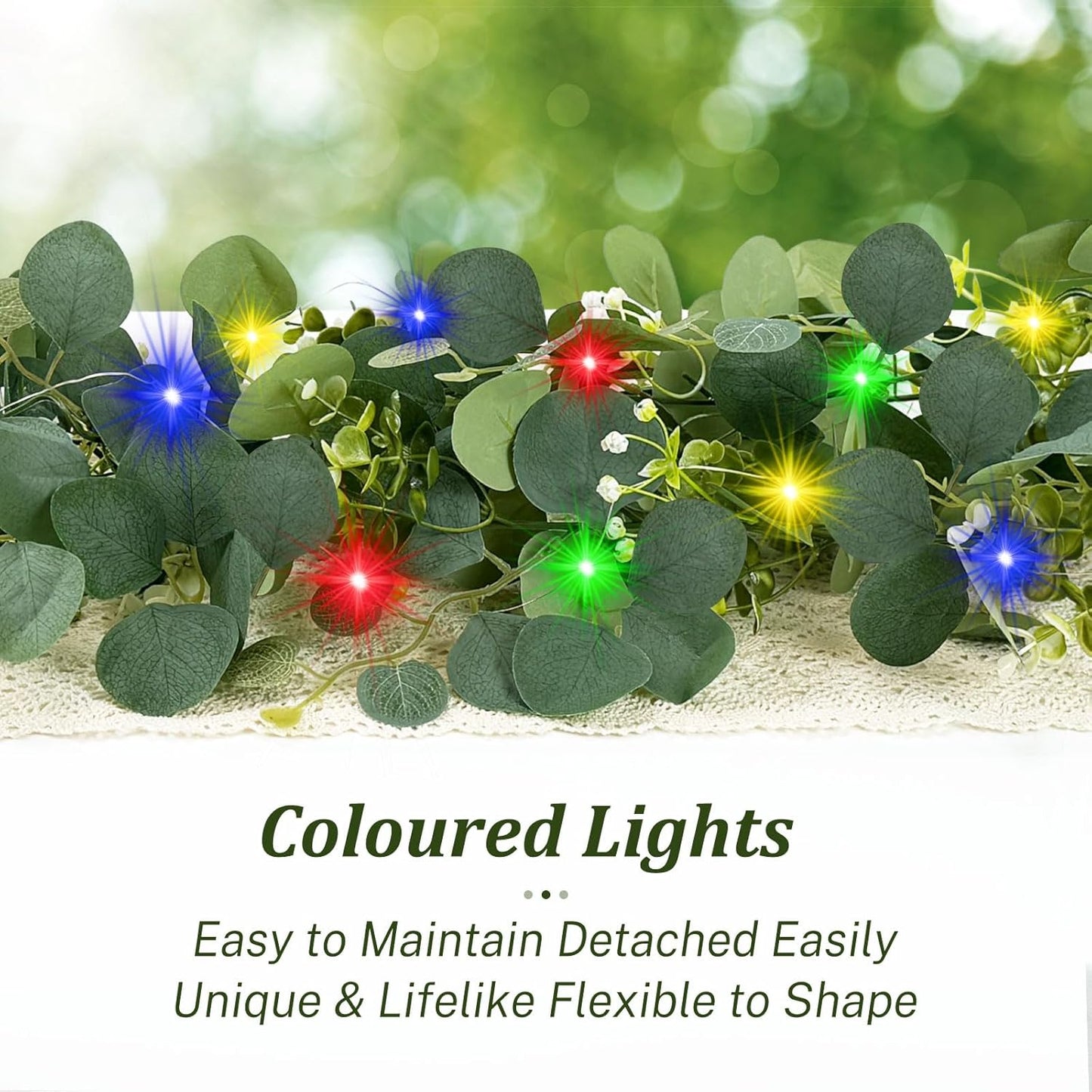 Eucalyptus Garland with Lights, 2Pcs 6FT Green Flower Garland Decor, Artificial Faux Eucalyptus Leaves Greenery Vines for Table Runner Wedding Bedroom Mantle Arches Backdrops Decorations
