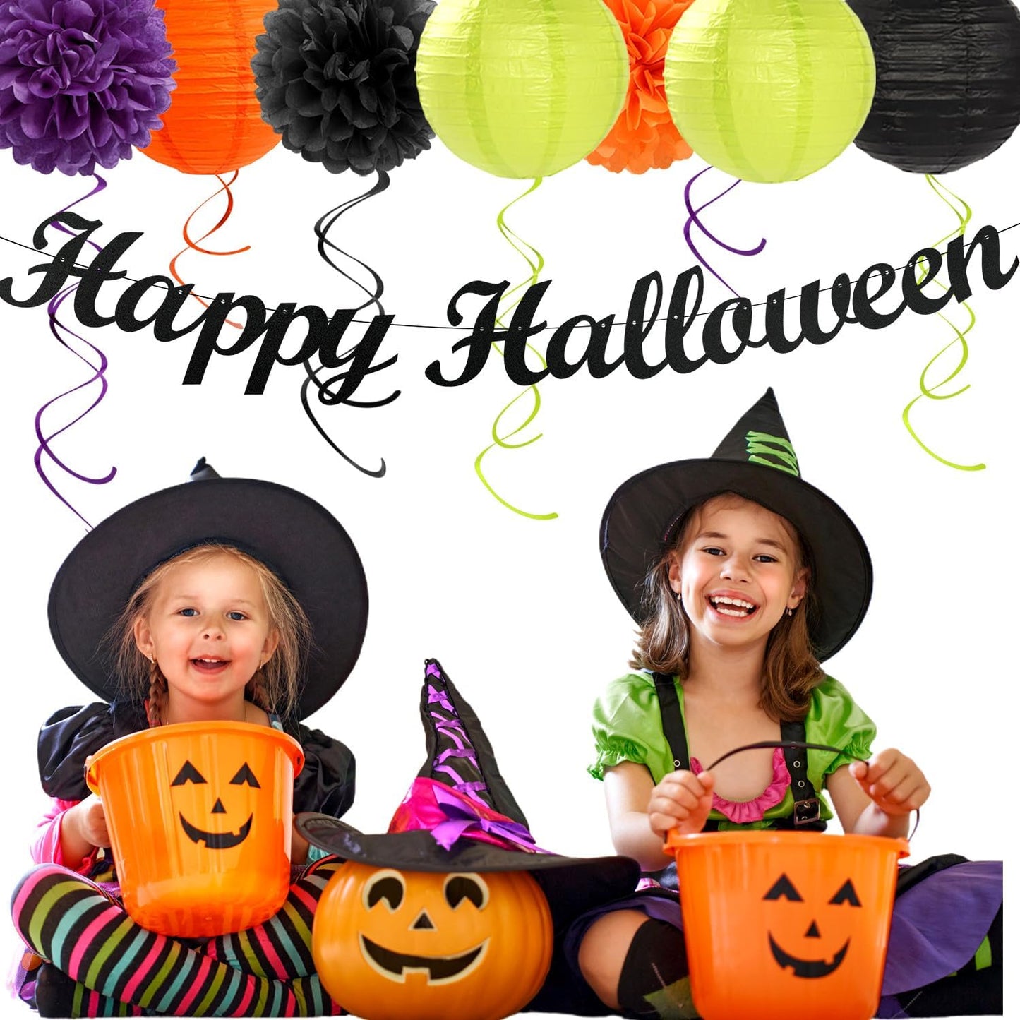 Black-Green Orange-Purple Happy-Halloween Party-Decorations - 21pcs Birthday Banner,Paper Lanterns Honeycomb,Tissue Pom Poms Flower Fan,Kids Classroom Hanging Streamers Garland Decor Supplies Huglony