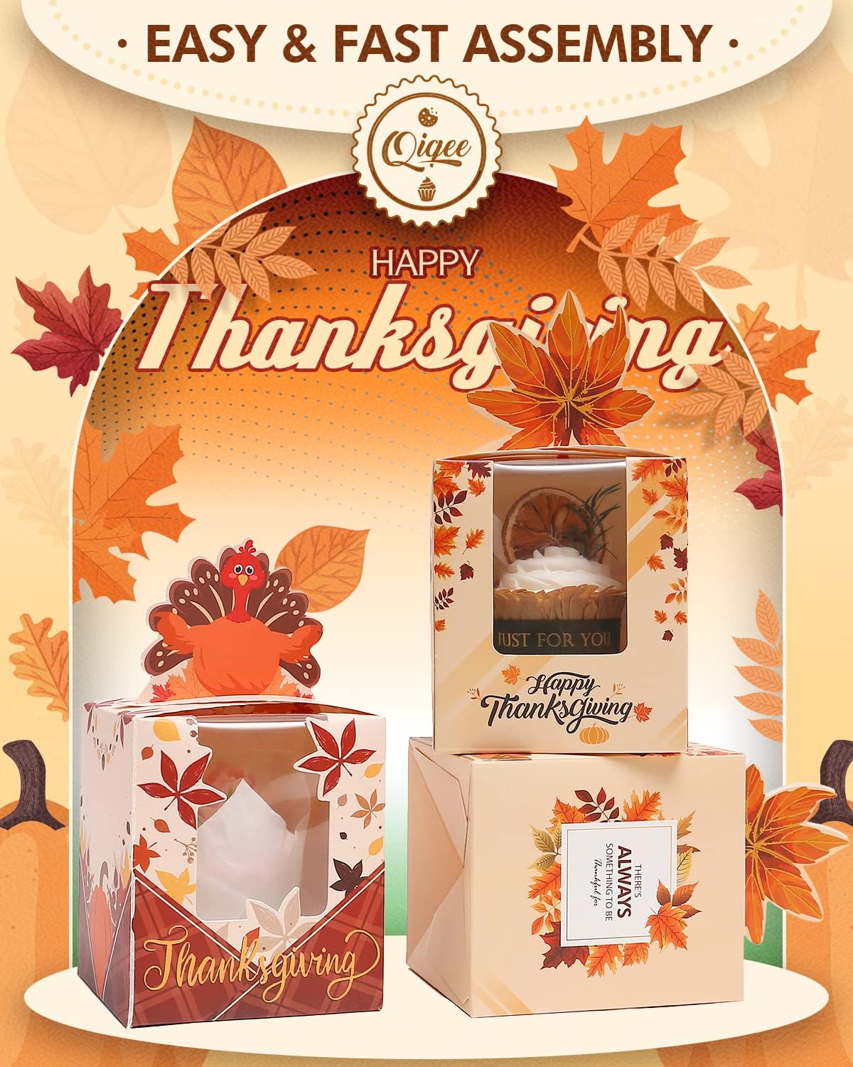 qiqee Thanksgiving Individual Cupcake Boxes Cupcake Holders Disposable 60pcs Single Cupcake Boxes with Window 3.7x3.7x4.5 inch Cupcake Containers For Thanksgiving