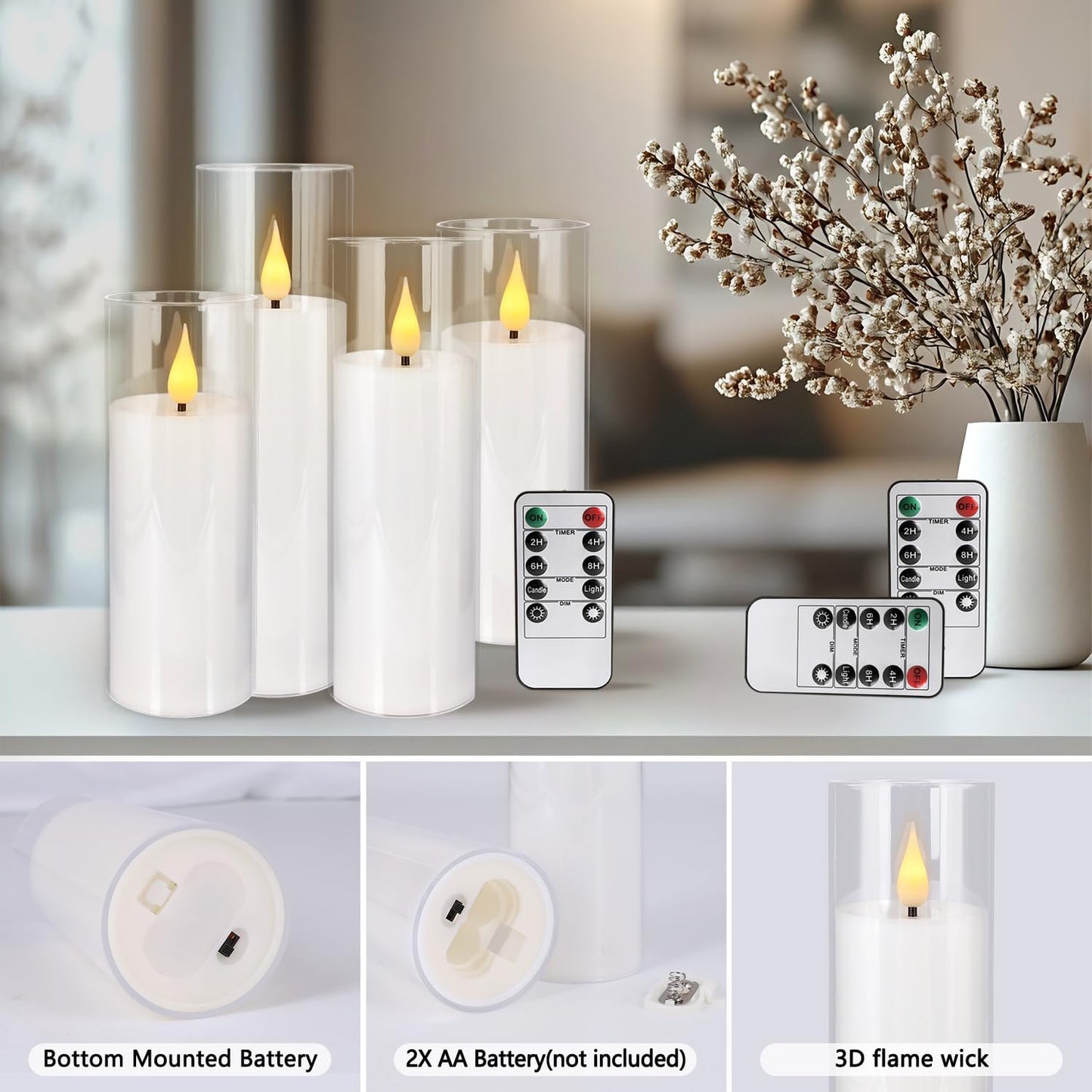 Flickering Flameless LED Candles, 24 Pcs Battery Operated Acrylic LED Pillar Candles with 4 Remote Controls & Timer Function - Safe for Home, Wedding, Outdoor Decor, Halloween, Christmas Party.